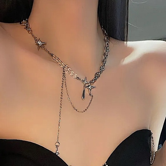 Silver North Star Beaded Chain Link Punk Necklace - Picture 8 of 13